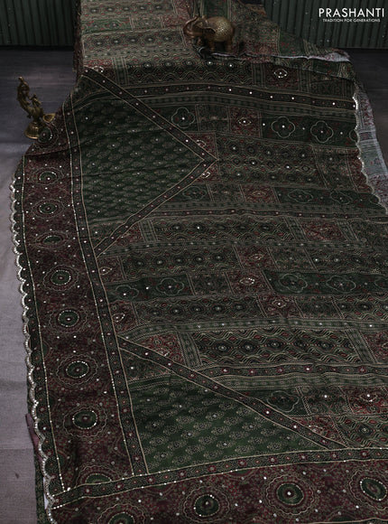 Crepe silk saree olive green and wine shade with allover ajrakh prints & mirror work embroidery and mirror embroidery pallu