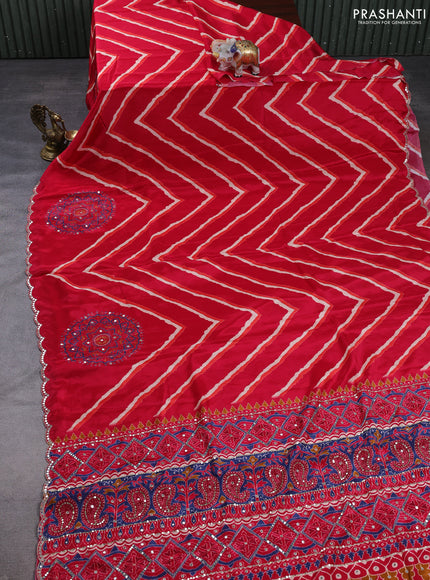 Crepe silk saree red with allover ajrakh prints & mirror work embroidery and mirror embroidery pallu