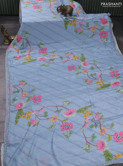 Crepe silk saree pastel blue with allover prints and sequin pallu
