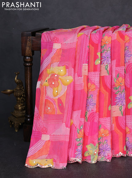 Crepe silk saree pink with allover prints and mirror embroidery pallu