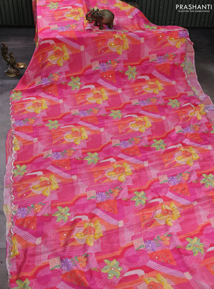 Crepe silk saree pink with allover prints and mirror embroidery pallu