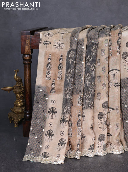 Crepe silk saree beige and grey with allover ajrakh prints & mirror work embroidery and mirror embroidery pallu