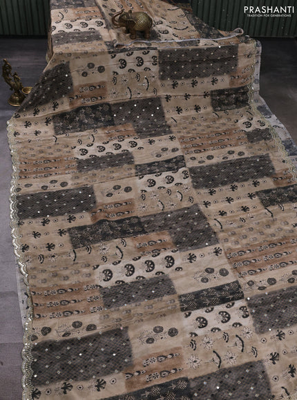 Crepe silk saree beige and grey with allover ajrakh prints & mirror work embroidery and mirror embroidery pallu