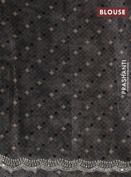 Crepe silk saree beige and grey with allover ajrakh prints & mirror work embroidery and mirror embroidery pallu