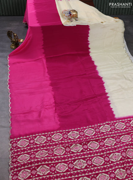 Crepe silk saree magenta pink and cream with plain body and printed mirror embroidery pallu