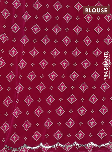 Crepe silk saree magenta pink and cream with plain body and printed mirror embroidery pallu