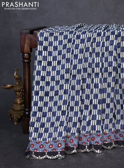 Crepe silk saree bluish grey and black with allover ajrakh prints & mirror work embroidery and mirror embroidery pallu