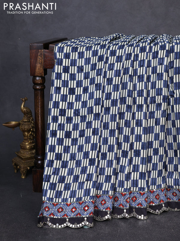 Crepe silk saree bluish grey and black with allover ajrakh prints & mirror work embroidery and mirror embroidery pallu