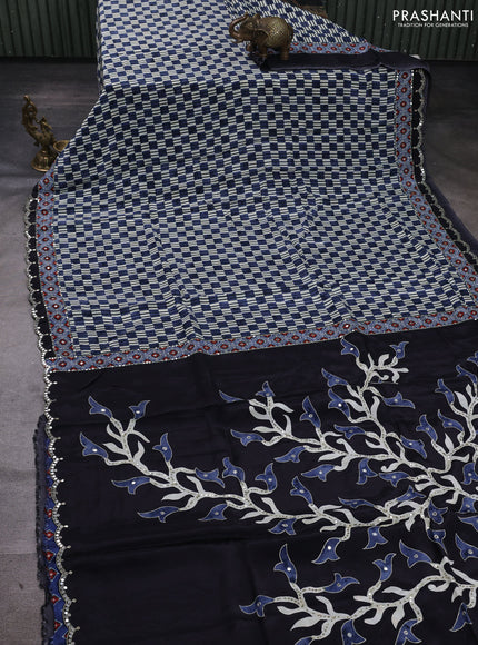 Crepe silk saree bluish grey and black with allover ajrakh prints & mirror work embroidery and mirror embroidery pallu