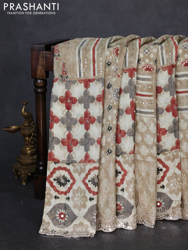 Crepe silk saree pastel green and maroon with allover ajrakh prints & mirror work embroidery and mirror embroidery pallu