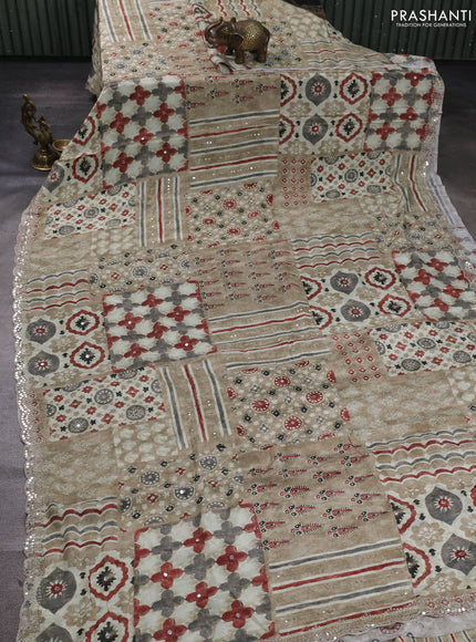Crepe silk saree pastel green and maroon with allover ajrakh prints & mirror work embroidery and mirror embroidery pallu