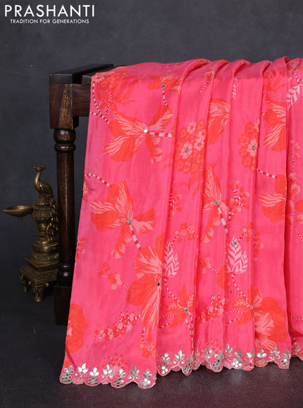 Crepe silk saree peach pink and orange with allover prints & mirror work embroidery and mirror embroidery pallu