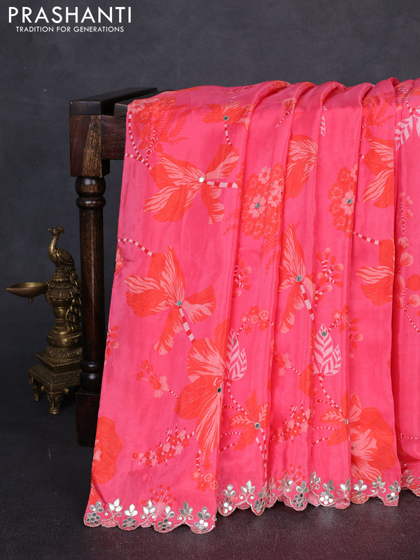 Crepe silk saree peach pink and orange with allover prints & mirror work embroidery and mirror embroidery pallu