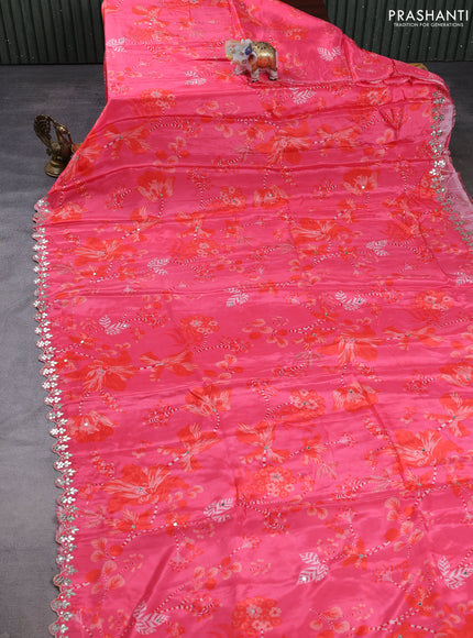 Crepe silk saree peach pink and orange with allover prints & mirror work embroidery and mirror embroidery pallu