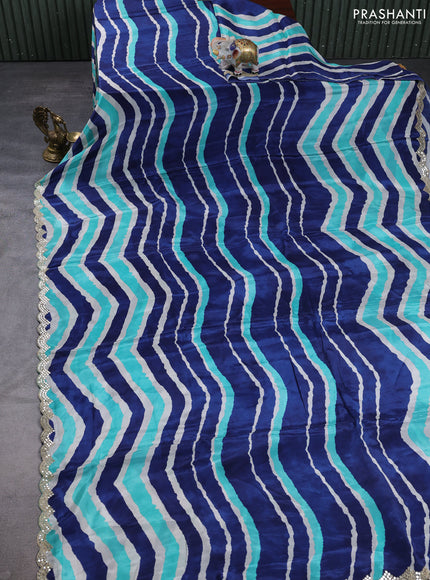 Crepe silk saree teal green and navy blue with allover zigzag prints and mirror embroidery pallu