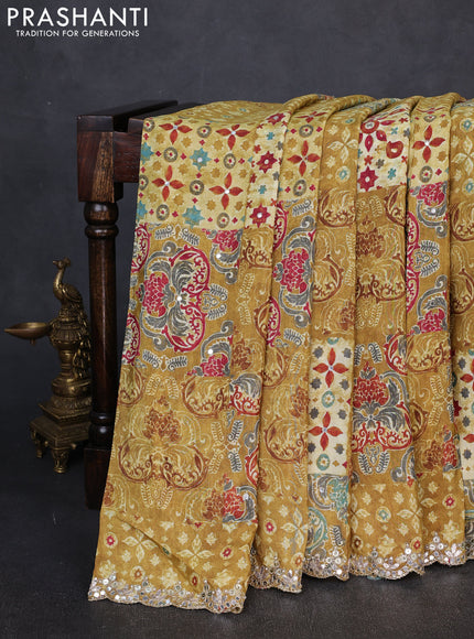Crepe silk saree mustard yellow with allover ajrakh prints & mirror work embroidery and mirror embroidery pallu