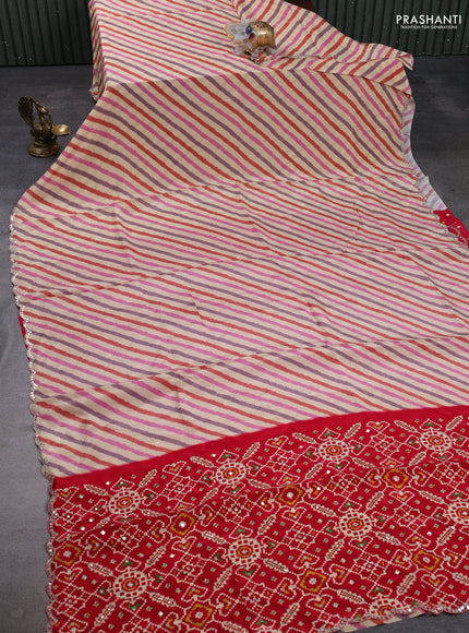 Crepe silk saree multi colour and red with allover leheriya pattern and ikat prints & mirror embroidery pallu