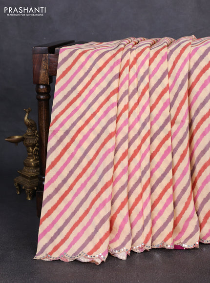 Crepe silk saree multi colour and dark magenta pink with allover leheriya pattern and ikat prints & mirror embroidery pallu