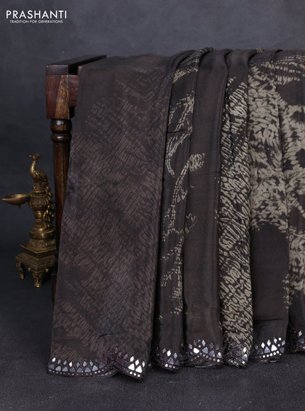 Crepe silk saree dark olive green with allover tie & dye prints and mirror embroidery pallu