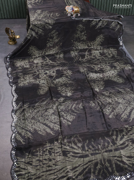 Crepe silk saree dark olive green with allover tie & dye prints and mirror embroidery pallu