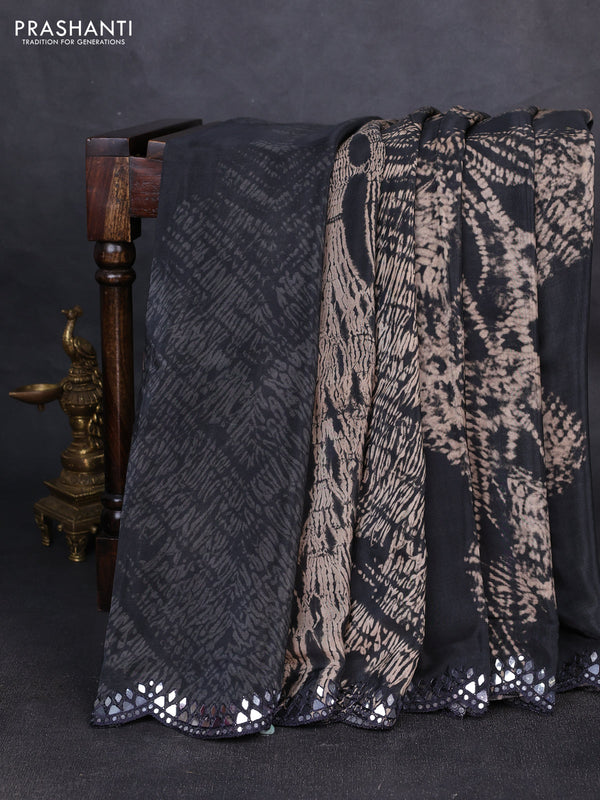 Crepe silk saree elephant grey with allover tie & dye prints and mirror embroidery pallu