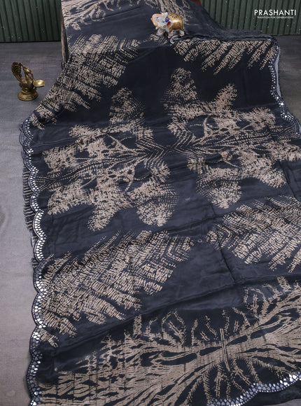 Crepe silk saree elephant grey with allover tie & dye prints and mirror embroidery pallu