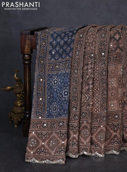 Crepe partly silk saree pastel brown with allover ajrakh prints & sequin work and mirror embroidery pallu
