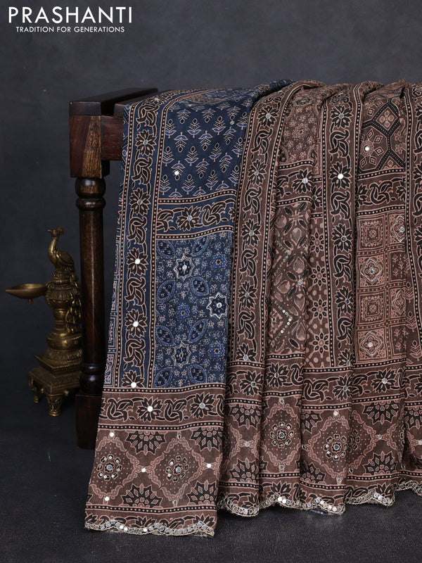 Crepe partly silk saree pastel brown with allover ajrakh prints & sequin work and mirror embroidery pallu