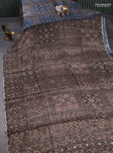 Crepe partly silk saree pastel brown with allover ajrakh prints & sequin work and mirror embroidery pallu
