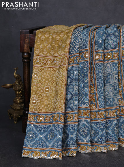 Crepe partly silk saree pastel blue and sandal with allover ajrakh prints & sequin work and mirror embroidery pallu