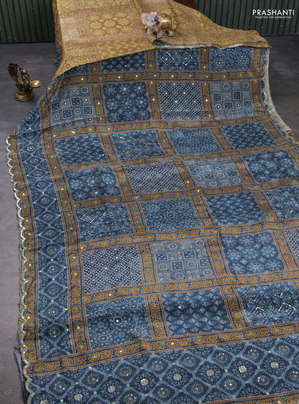 Crepe partly silk saree pastel blue and sandal with allover ajrakh prints & sequin work and mirror embroidery pallu