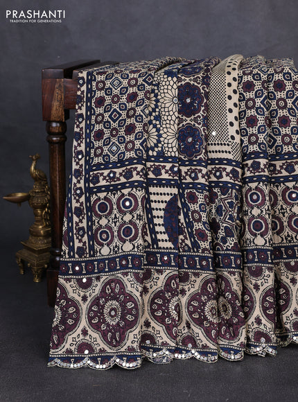 Crepe silk saree beige and blue rosy brown with allover ajrakh prints & sequin work and mirror embroidery pallu