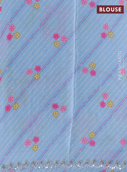 Crepe silk saree pastel blue with allover prints and mirror sequin embroidery pallu