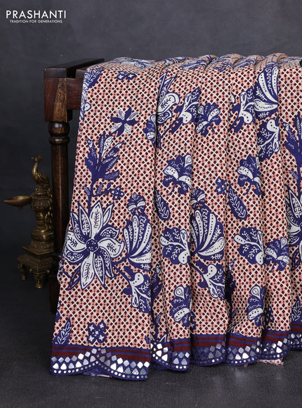 Crepe silk saree maroon and blue with allover prints and mirror embroidery pallu