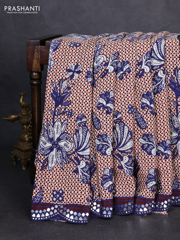 Crepe silk saree maroon and blue with allover prints and mirror embroidery pallu