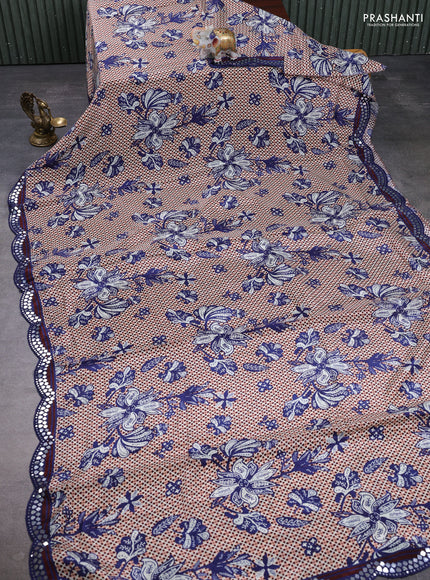 Crepe silk saree maroon and blue with allover prints and mirror embroidery pallu