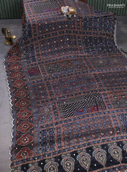 Crepe silk saree black with allover ajrakh prints & sequin work and mirror embroidery pallu