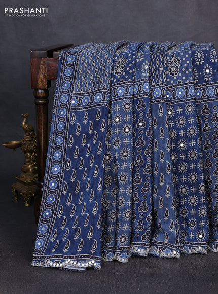 Crepe silk saree indigo blue with allover ajrakh prints & sequin work and mirror embroidery pallu