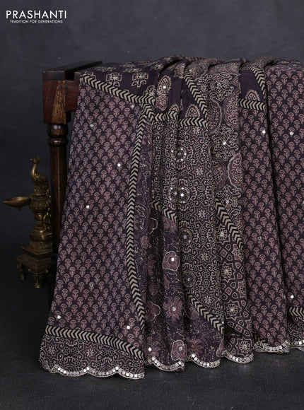 Crepe silk saree wine shade and black with allover ajrakh prints & sequin work and mirror embroidery pallu