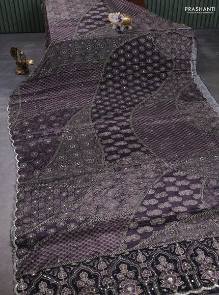 Crepe silk saree wine shade and black with allover ajrakh prints & sequin work and mirror embroidery pallu