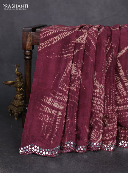 Crepe silk saree wine shade with allover tie & dye prints and mirror embroidery pallu