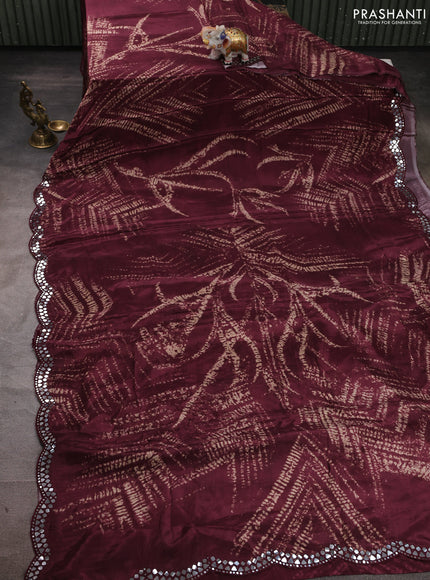 Crepe silk saree wine shade with allover tie & dye prints and mirror embroidery pallu