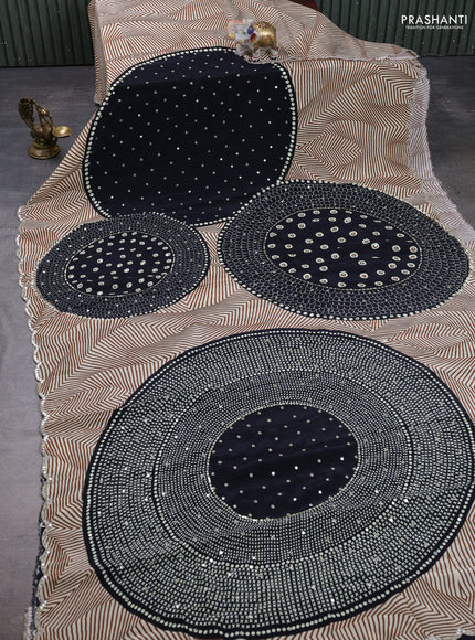 Crepe silk saree sandal and black with allover prints and mirror embroidery pallu