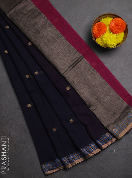 Bengal soft cotton saree navy blue and pink with allover thread woven buttas and zari woven border