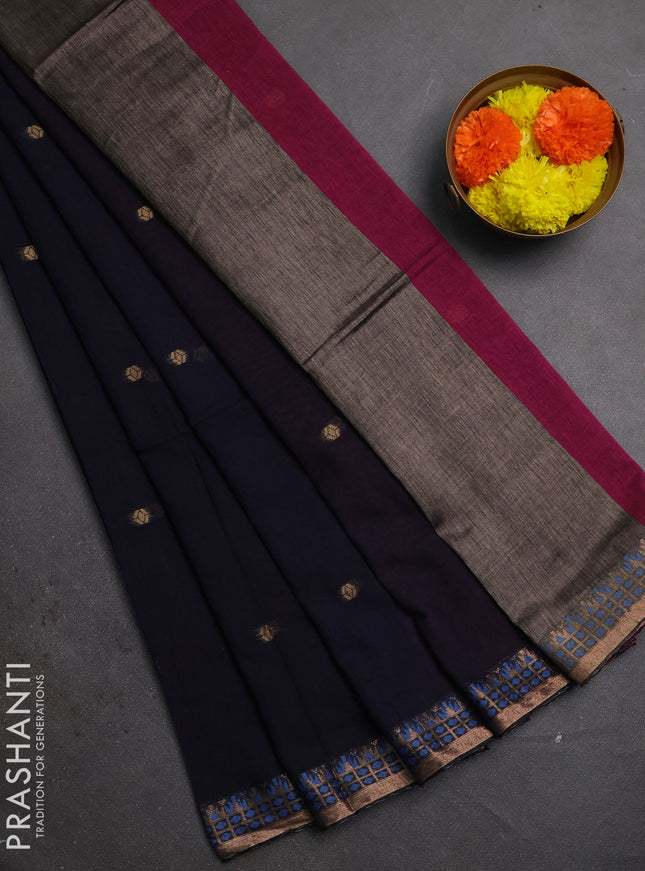 Bengal soft cotton saree navy blue and pink with allover thread woven buttas and zari woven border