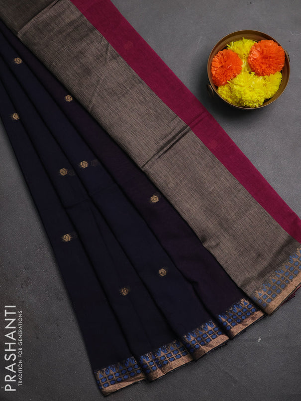 Bengal soft cotton saree navy blue and pink with allover thread woven buttas and zari woven border