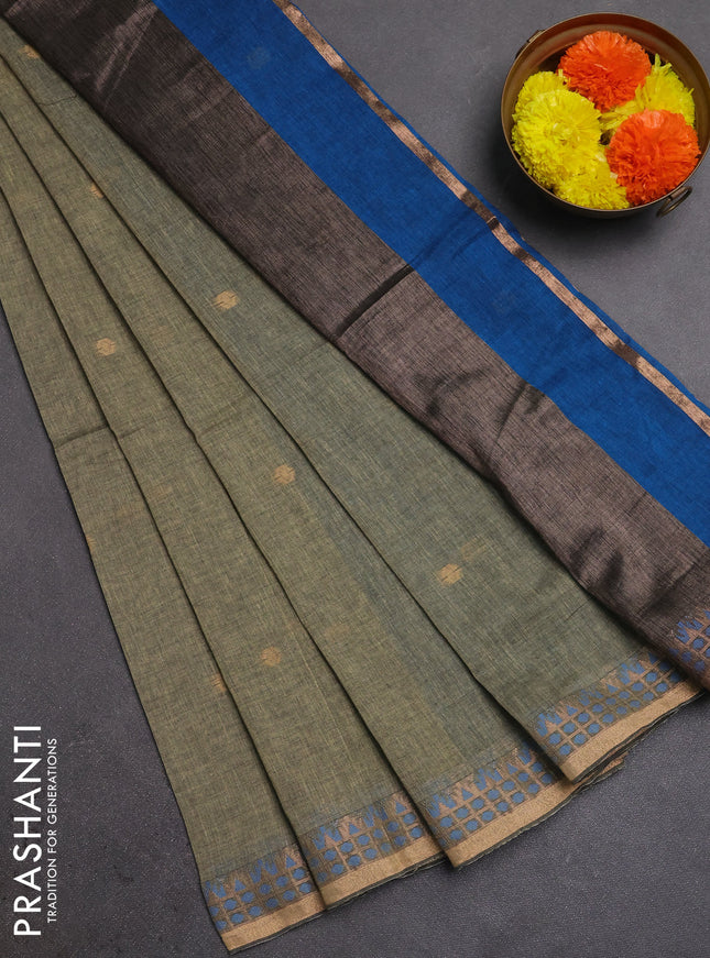 Bengal soft cotton saree pastel green and cs blue with allover thread woven buttas and zari woven border