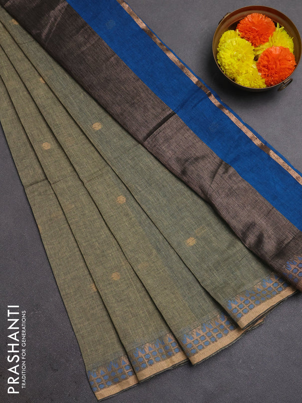 Bengal soft cotton saree pastel green and cs blue with allover thread woven buttas and zari woven border