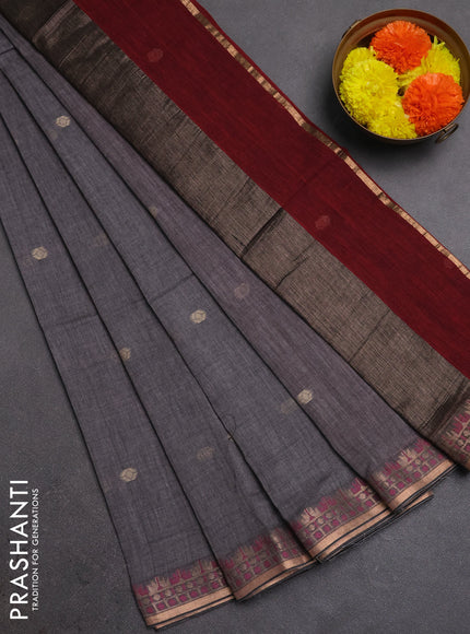 Bengal soft cotton saree grey and maroon with allover thread woven buttas and zari woven border