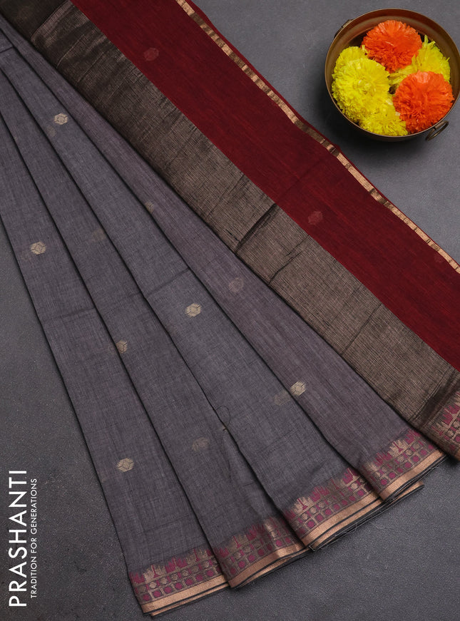 Bengal soft cotton saree grey and maroon with allover thread woven buttas and zari woven border